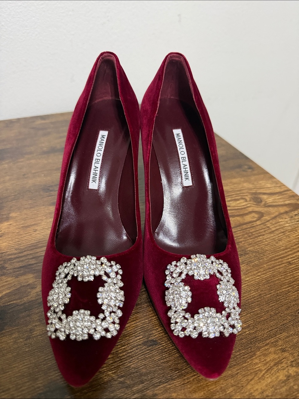 Manolo Blahnik Wine Red Velvet Crystal-Embellished Pumps